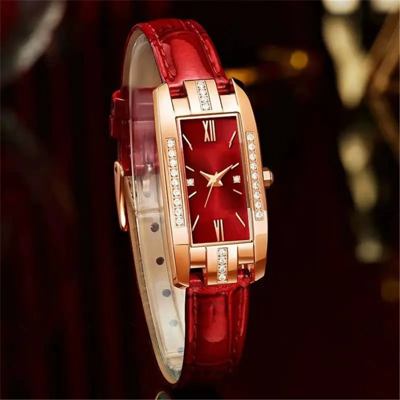 Women's Square Dial Quartz Watch | Leather Strap & Bracelet Set | Green & Red NZ
