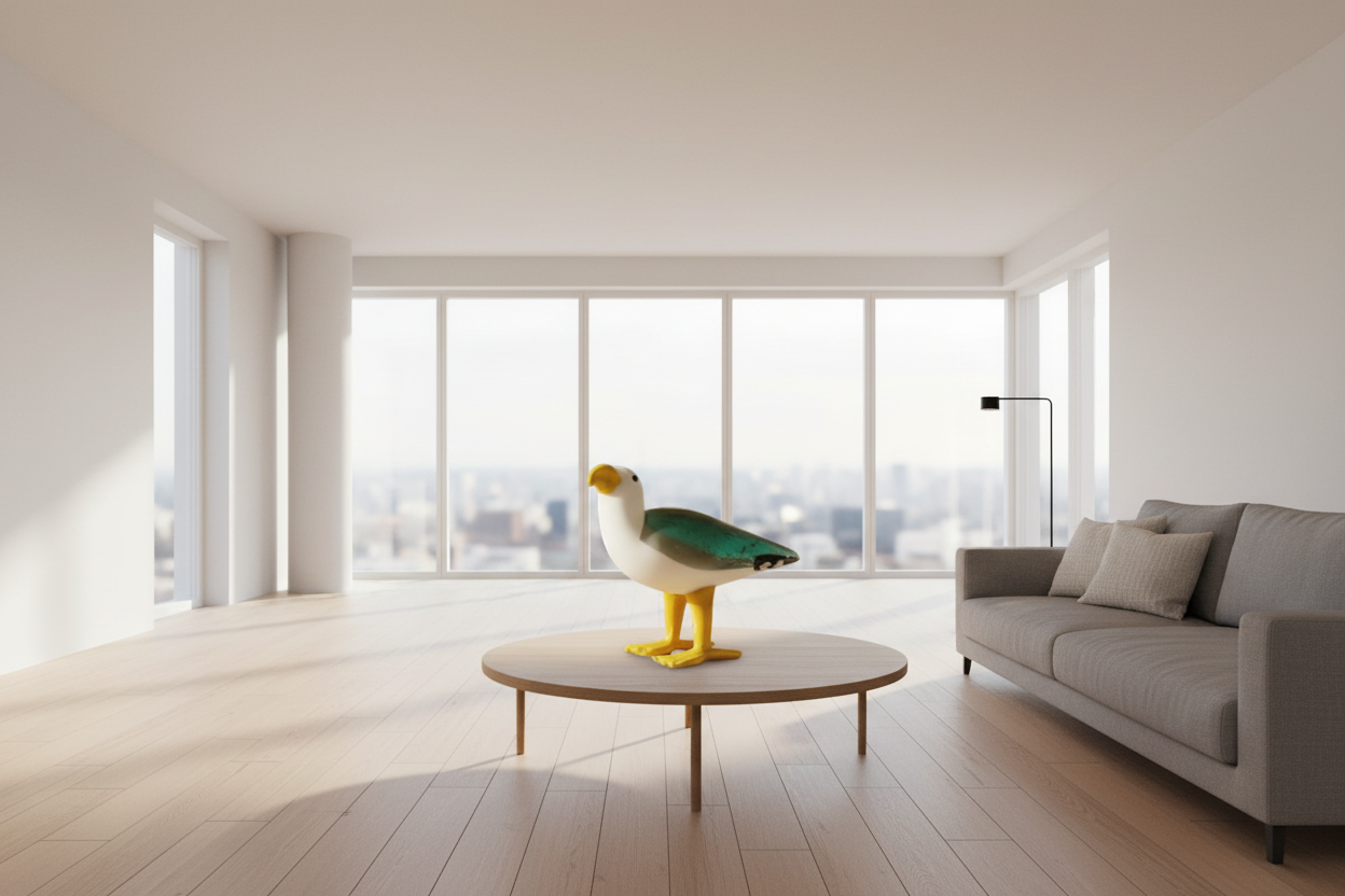 Toy seagull figure in a living room