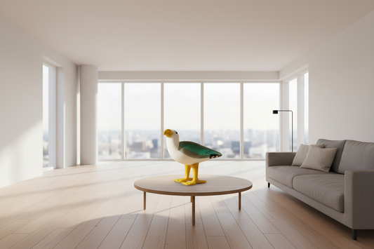 Toy seagull figure in a living room