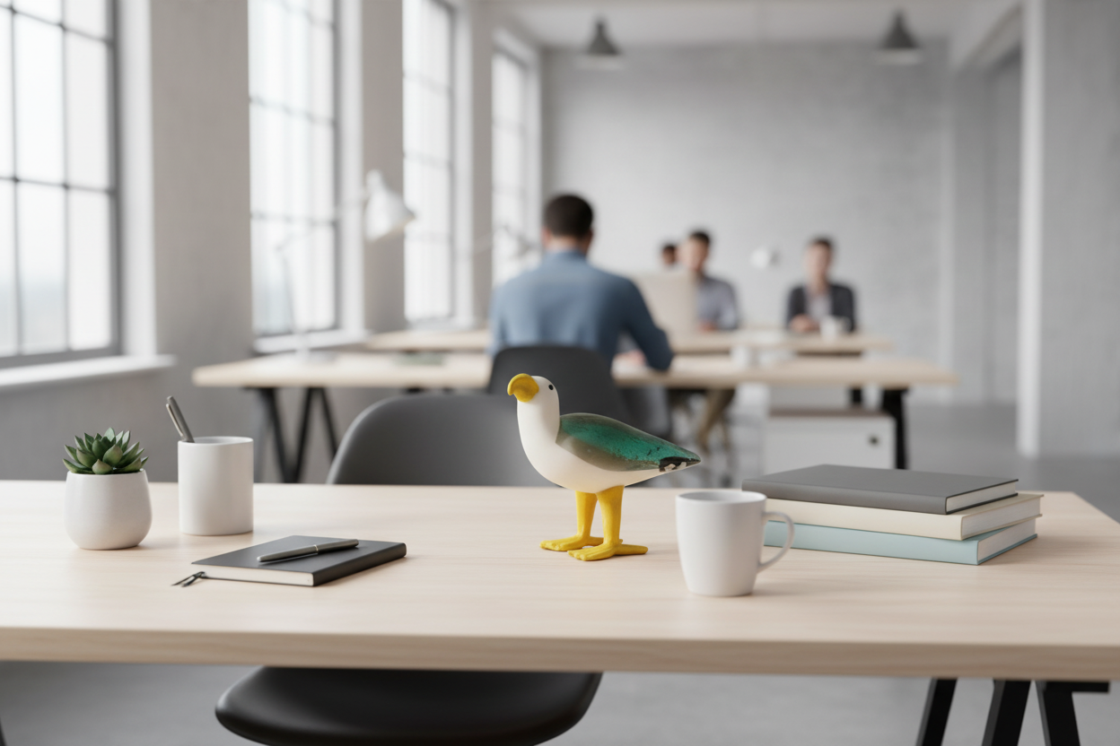 Toy seagull figure on an office desk