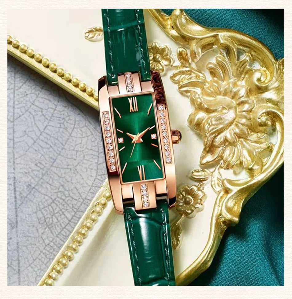 Women's Square Dial Quartz Watch | Leather Strap & Bracelet Set | Green & Red NZ
