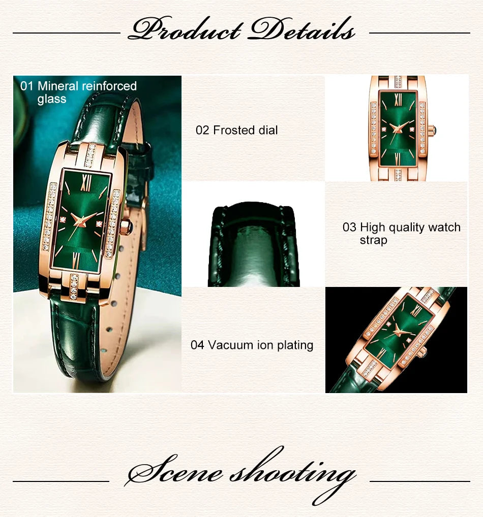 Women's Square Dial Quartz Watch | Leather Strap & Bracelet Set | Green & Red NZ
