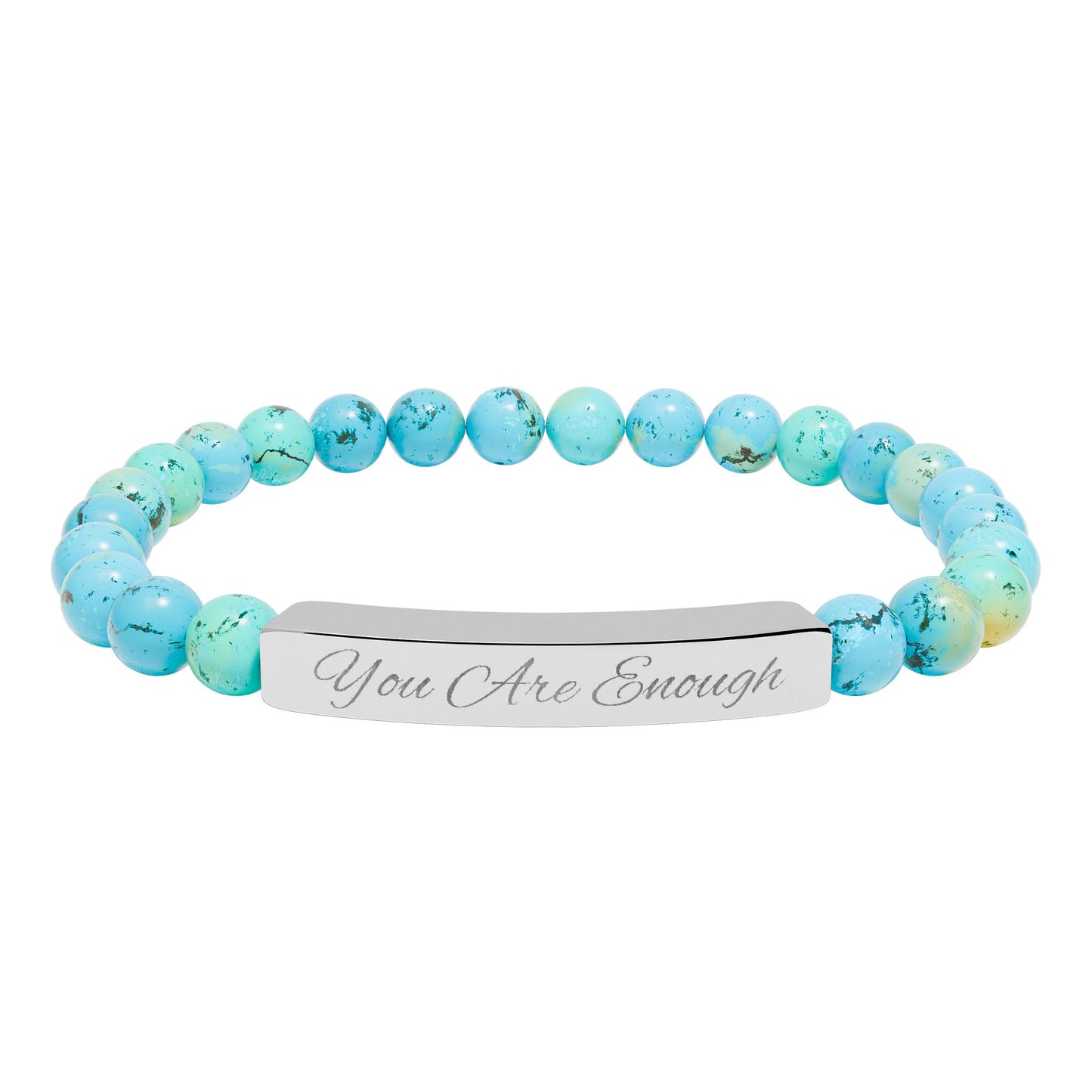 Turquoise beaded bracelet with a silver tag reading 'You Are Enough' on a white background