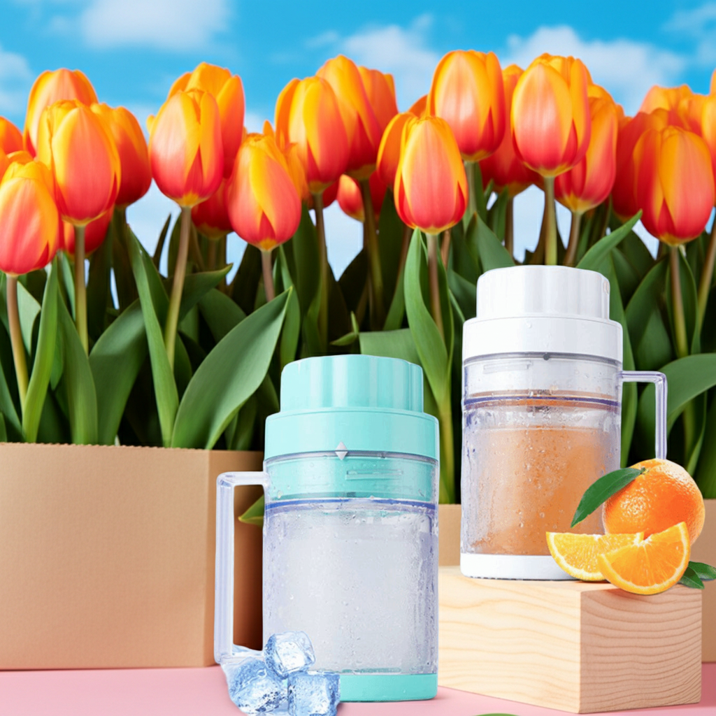 Two juicers with oranges and a box of tulips on a table outdoors.