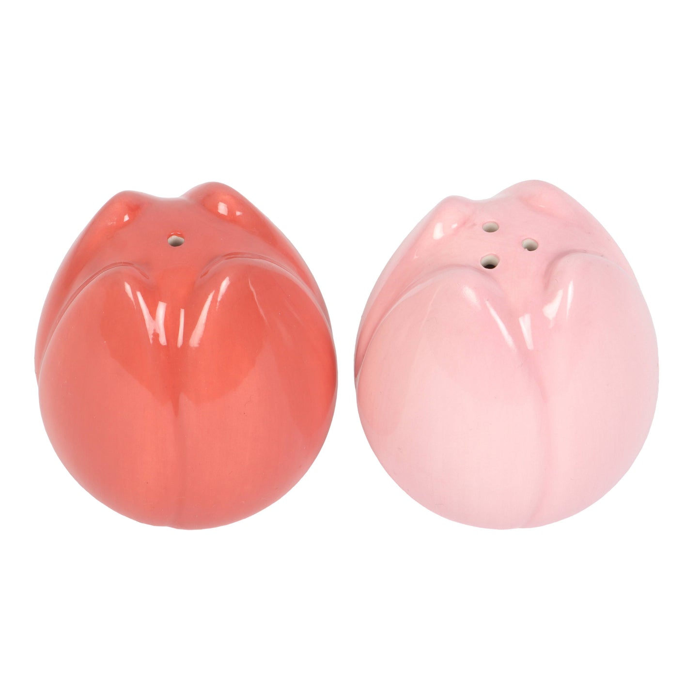 Two pink tulip shaped salt and pepper shakers on a white background