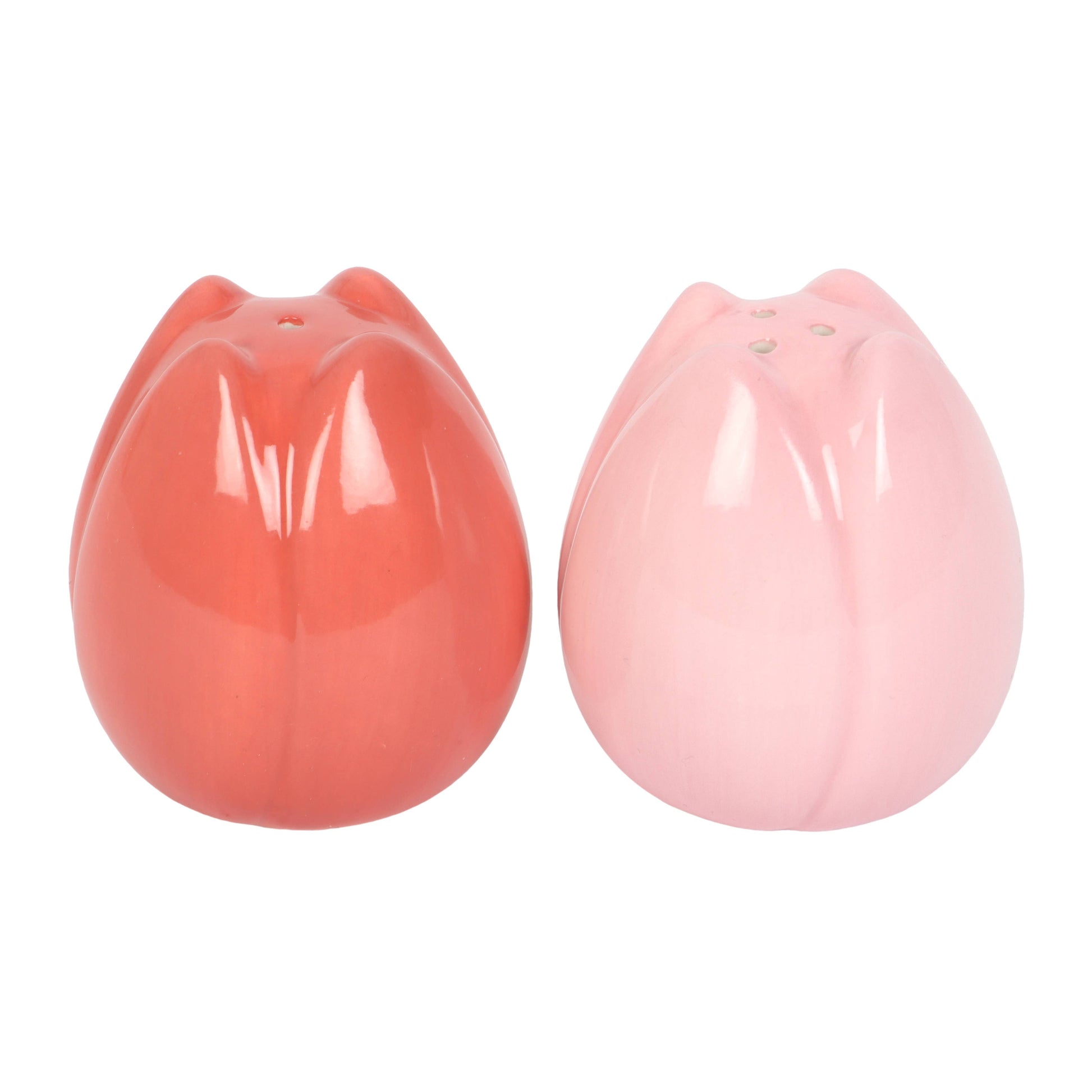 Two tulip-shaped salt and pepper shakers, one orange and one pink, on a white background.
