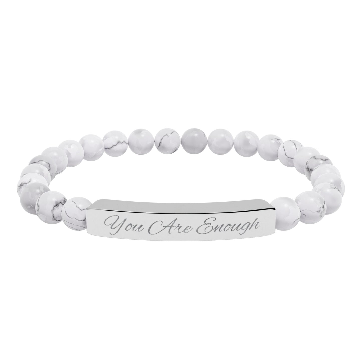 White beaded bracelet with engraved bar on a white background