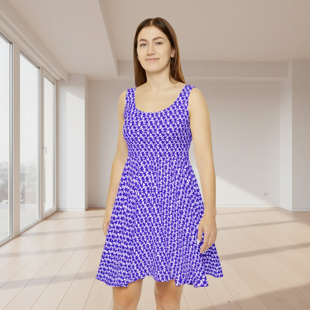 Woman wearing a blue and white patterned dress on a white background