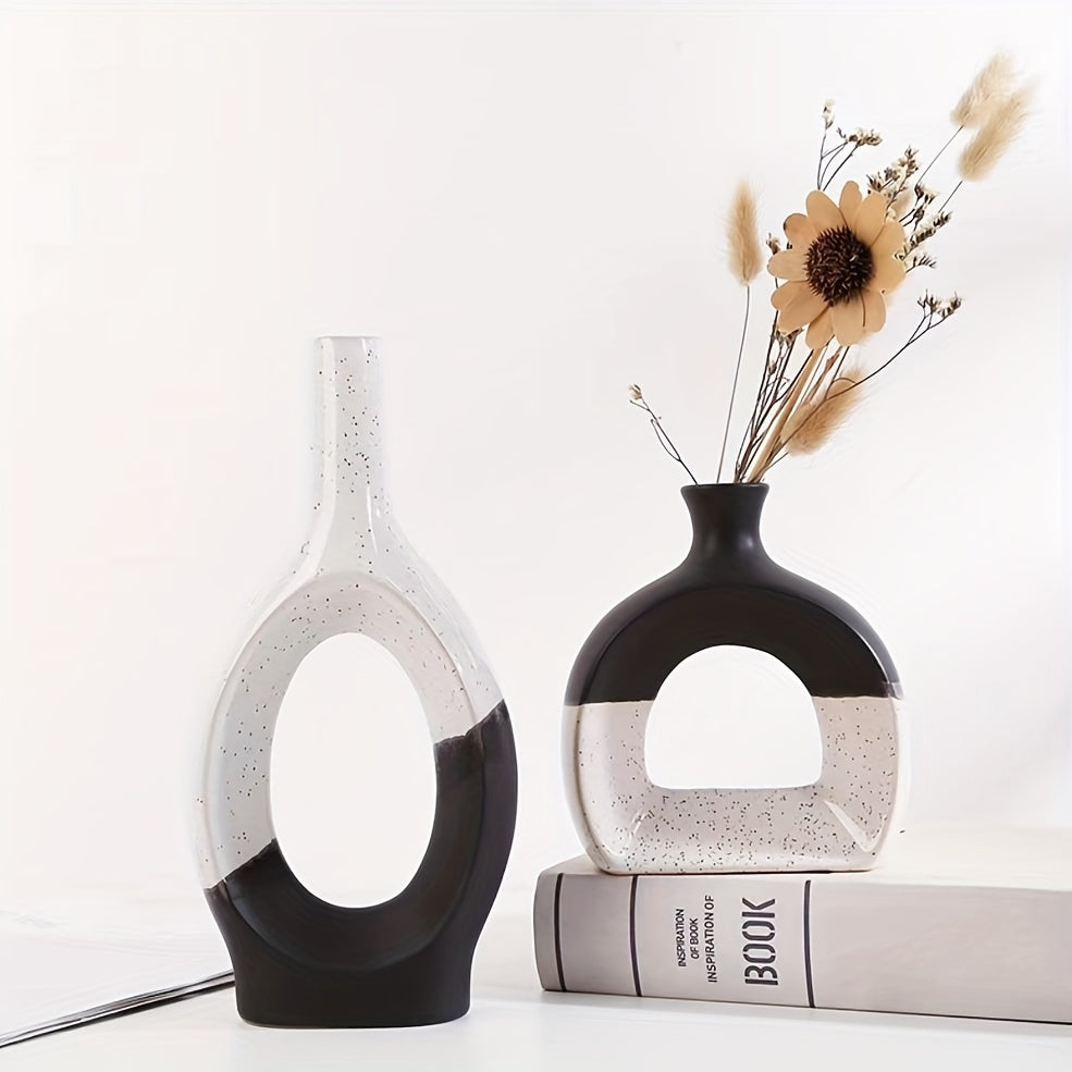 Nordic Ceramic Flower Vase | Geometric Herringbone Design | Black & White