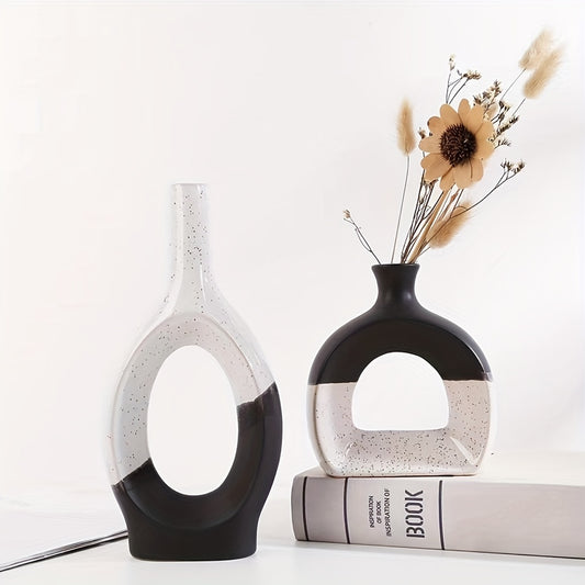 Nordic Ceramic Flower Vase | Geometric Herringbone Design | Black & White