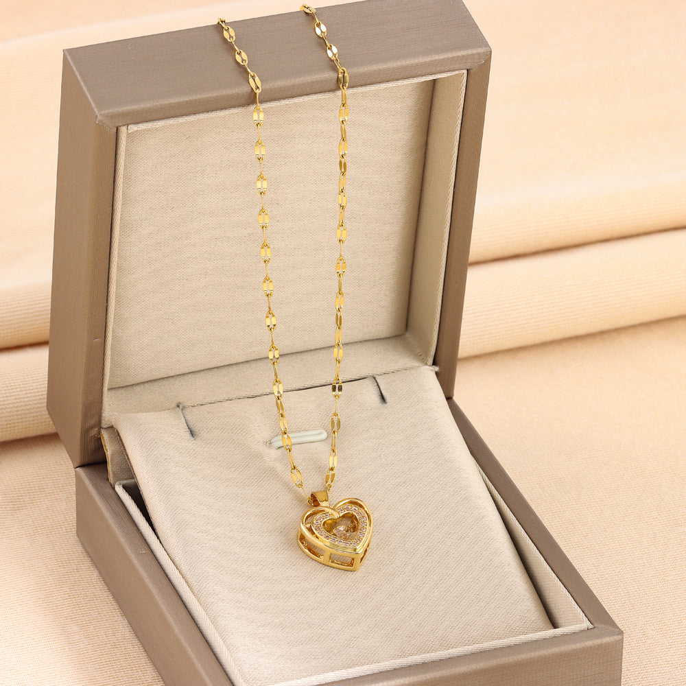 Double-Layer Heart Love Necklace – Rhinestone Titanium Steel Pendant | Valentine's Gift for Her