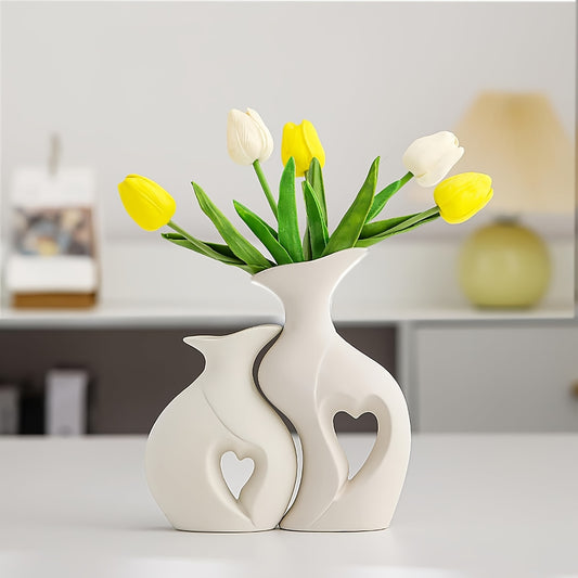 Heart-Shaped Ceramic Vase Set of 2 | Modern Home Decor | White, Black & Cream NZ