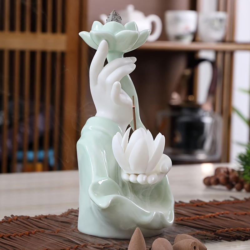Lotus Waterfall Incense Holder - Celadon Ceramic Backflow Burner for Meditation & Relaxation