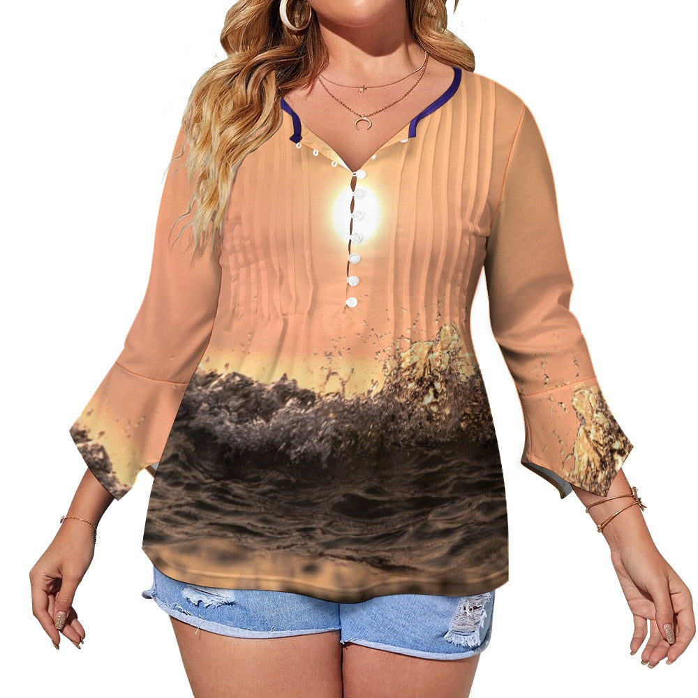 Women's Ruffled Petal Sleeve Top | Button-Front V-Neck | White | S–5XL NZ
