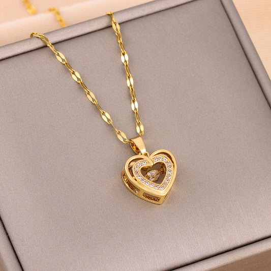 Double-Layer Heart Love Necklace – Rhinestone Titanium Steel Pendant | Valentine's Gift for Her