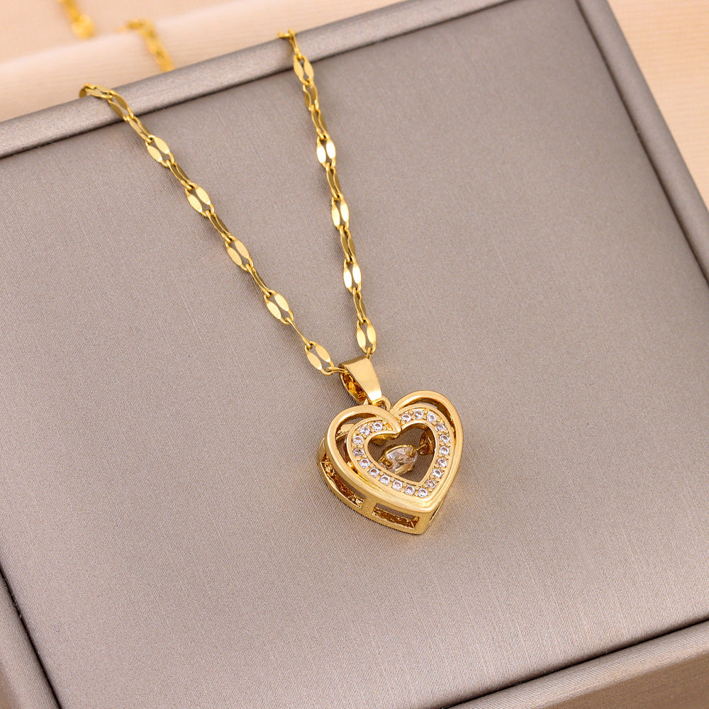 Double-Layer Heart Love Necklace – Rhinestone Titanium Steel Pendant | Valentine's Gift for Her