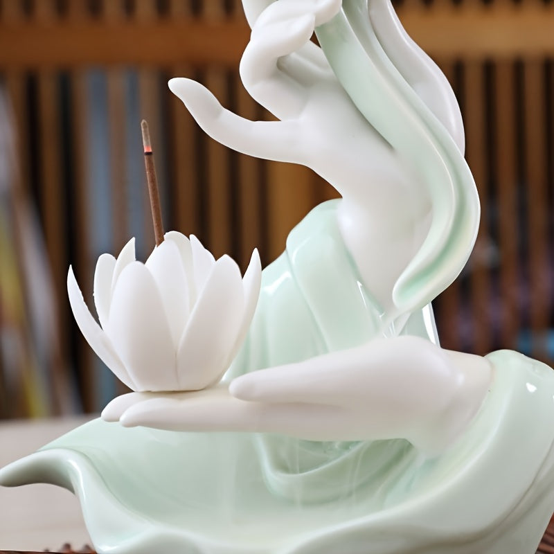 Lotus Waterfall Incense Holder - Celadon Ceramic Backflow Burner for Meditation & Relaxation