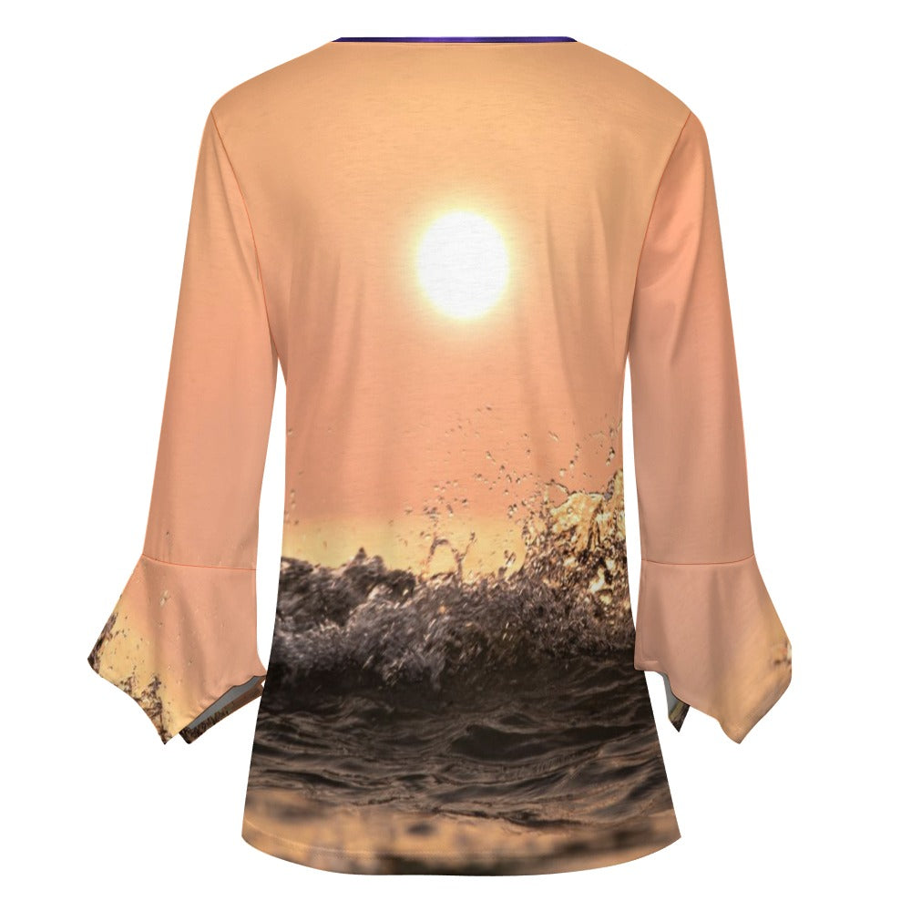 Women's Ruffled Petal Sleeve Top | Button-Front V-Neck | White | S–5XL NZ