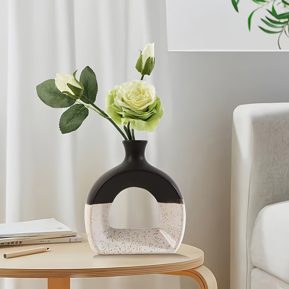 Nordic Ceramic Flower Vase | Geometric Herringbone Design | Black & White