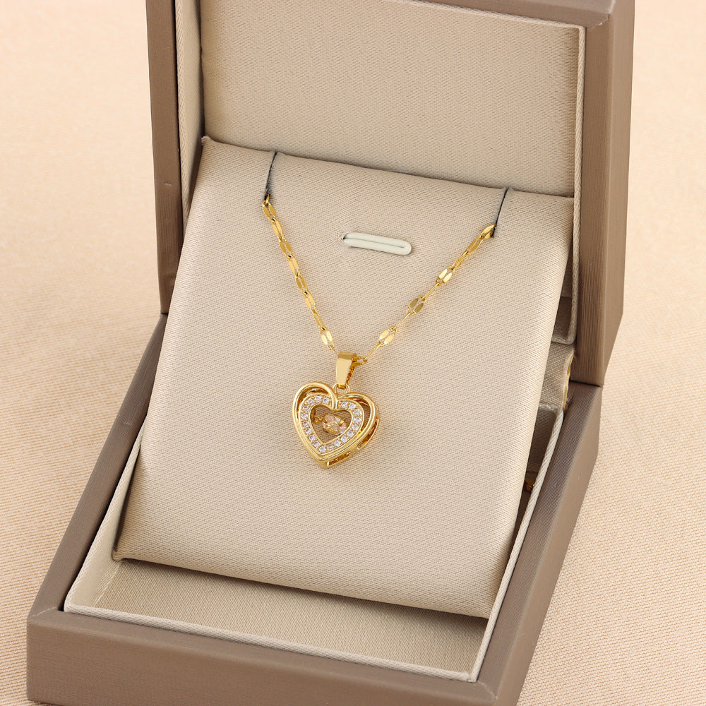 Double-Layer Heart Love Necklace – Rhinestone Titanium Steel Pendant | Valentine's Gift for Her